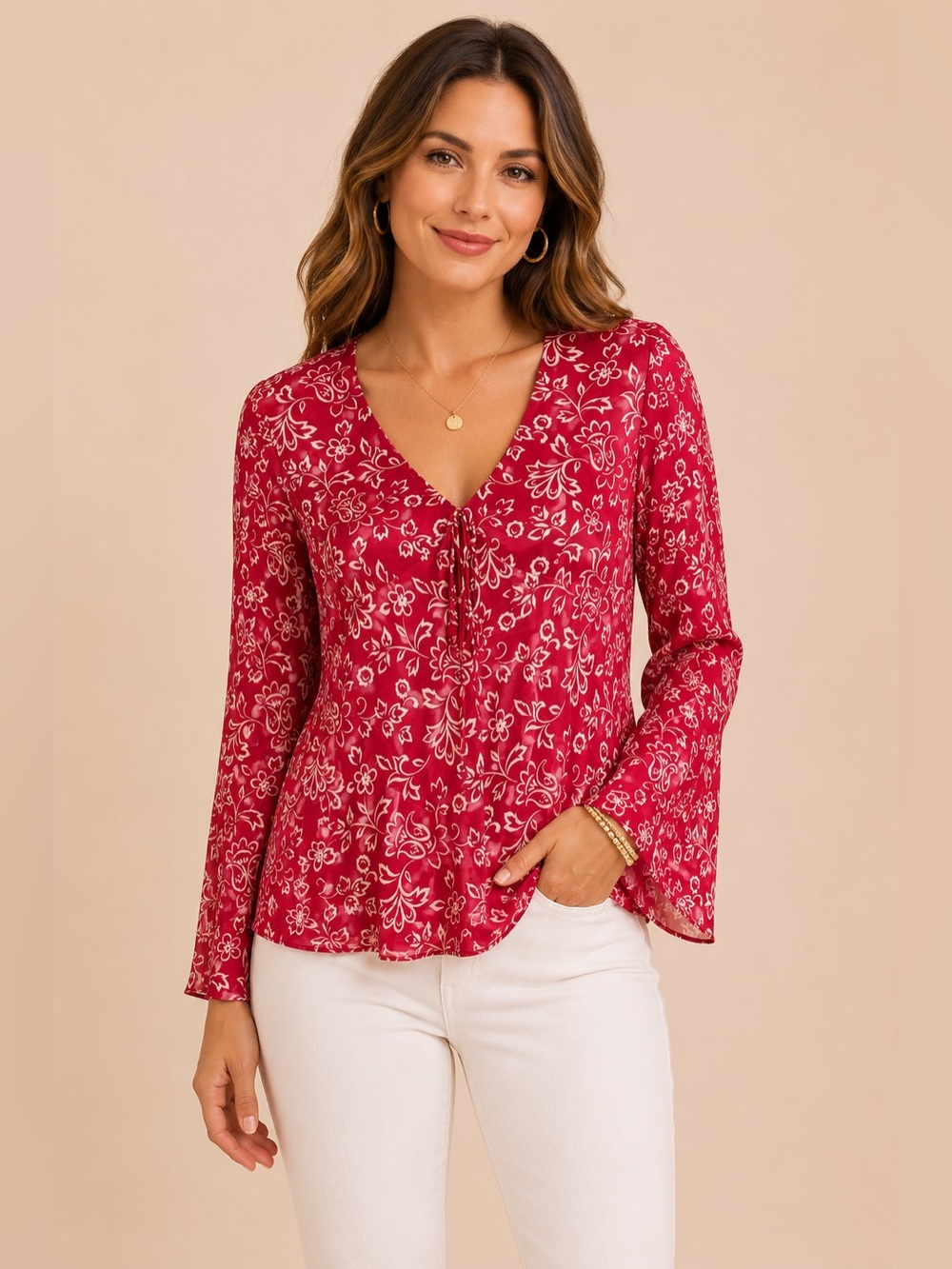 INC Y2K Blouse Flare Sleeve Whimsigoth Boho Silk Red Floral Fairy Size 8